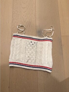 LE SUPERB Cream Cable Knit Tube Top with Red & Blue Stripes